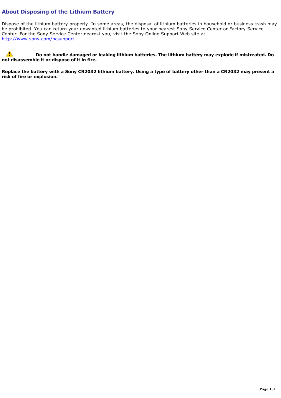 About disposing of the lithium battery | Sony PCV-RS500CGP User Manual | Page 131 / 143