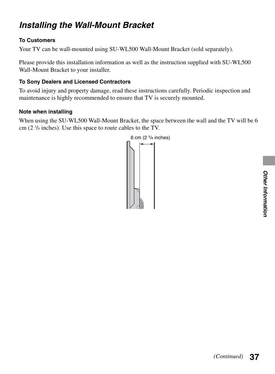 Installing the wall-mount bracket | Sony KDL-32BX330 User Manual | Page 37 / 48