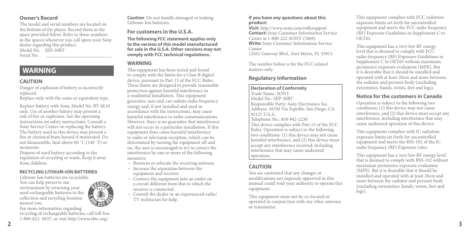 Warning | Sony SEP-30BTWHI User Manual | Page 2 / 36