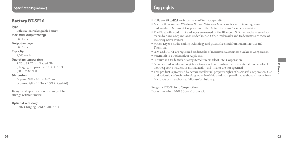 Copyrights, Battery bt-se10 | Sony SEP-30BTWHI User Manual | Page 33 / 36