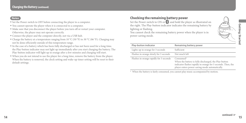 Checking the remaining battery power, Charging the battery | Sony SEP-30BTWHI User Manual | Page 8 / 36