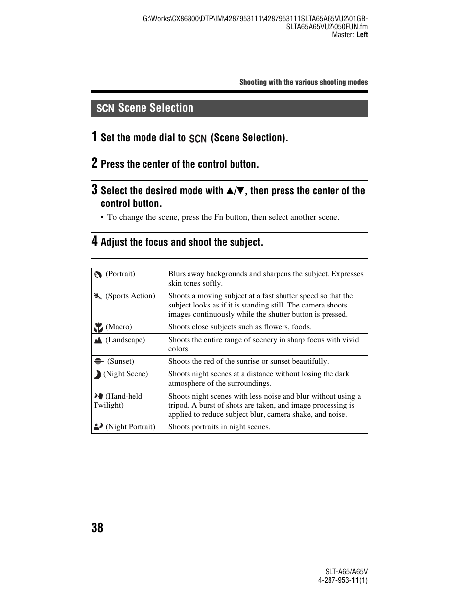 Scene selection | Sony SLT-A65V User Manual | Page 38 / 96