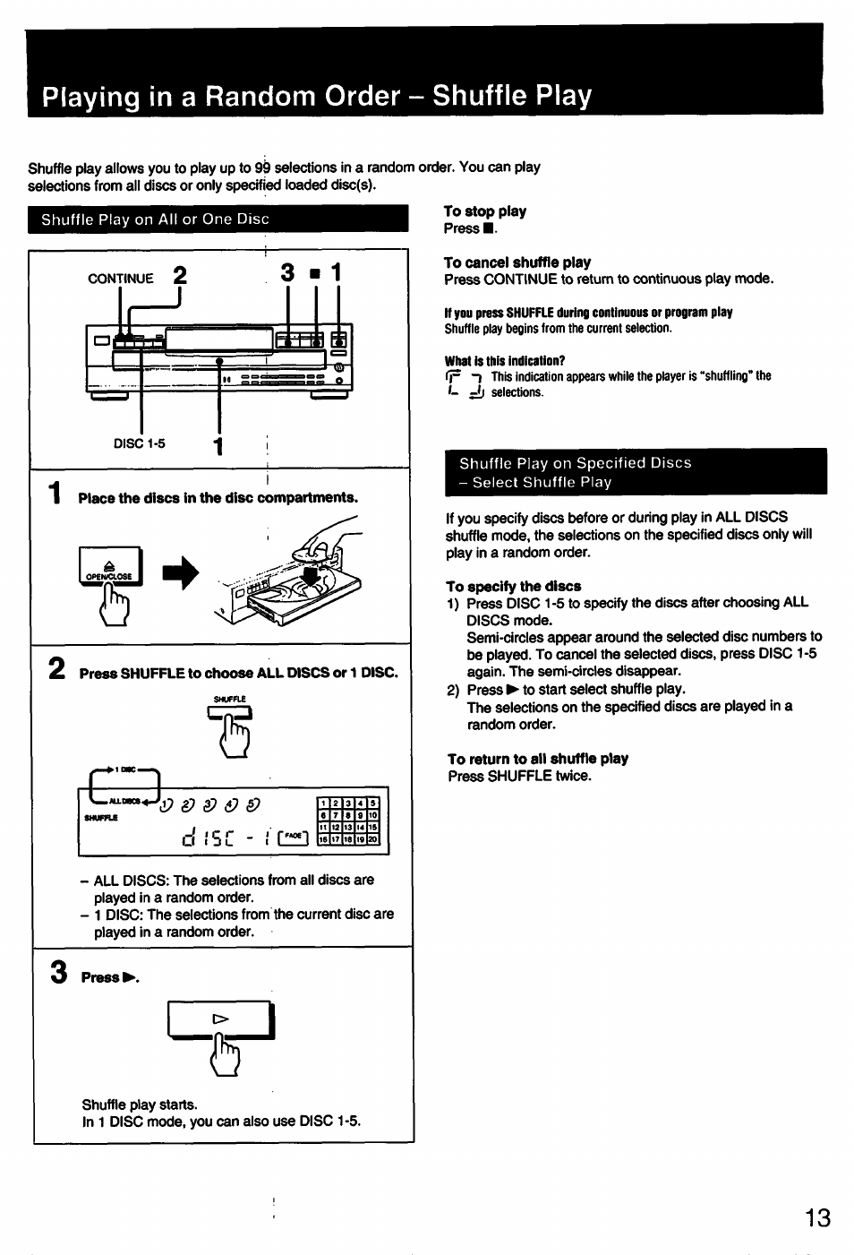 Playing in a random order - shuffle play | Sony CDP-C445 User Manual | Page 13 / 26