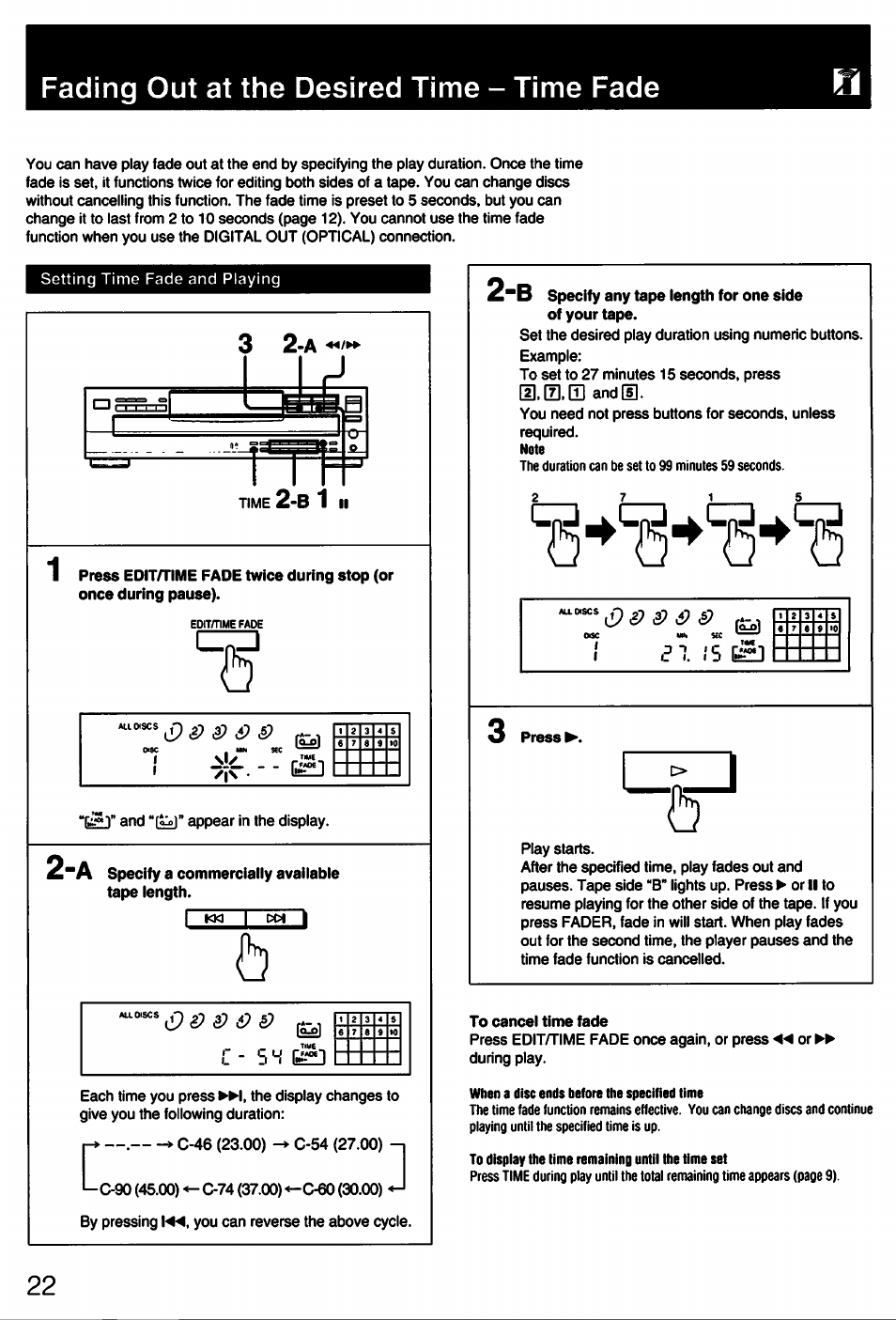 Fading out at the desired time - time fade, 5 w 6, Li!!:—i | Sony CDP-C445 User Manual | Page 22 / 26