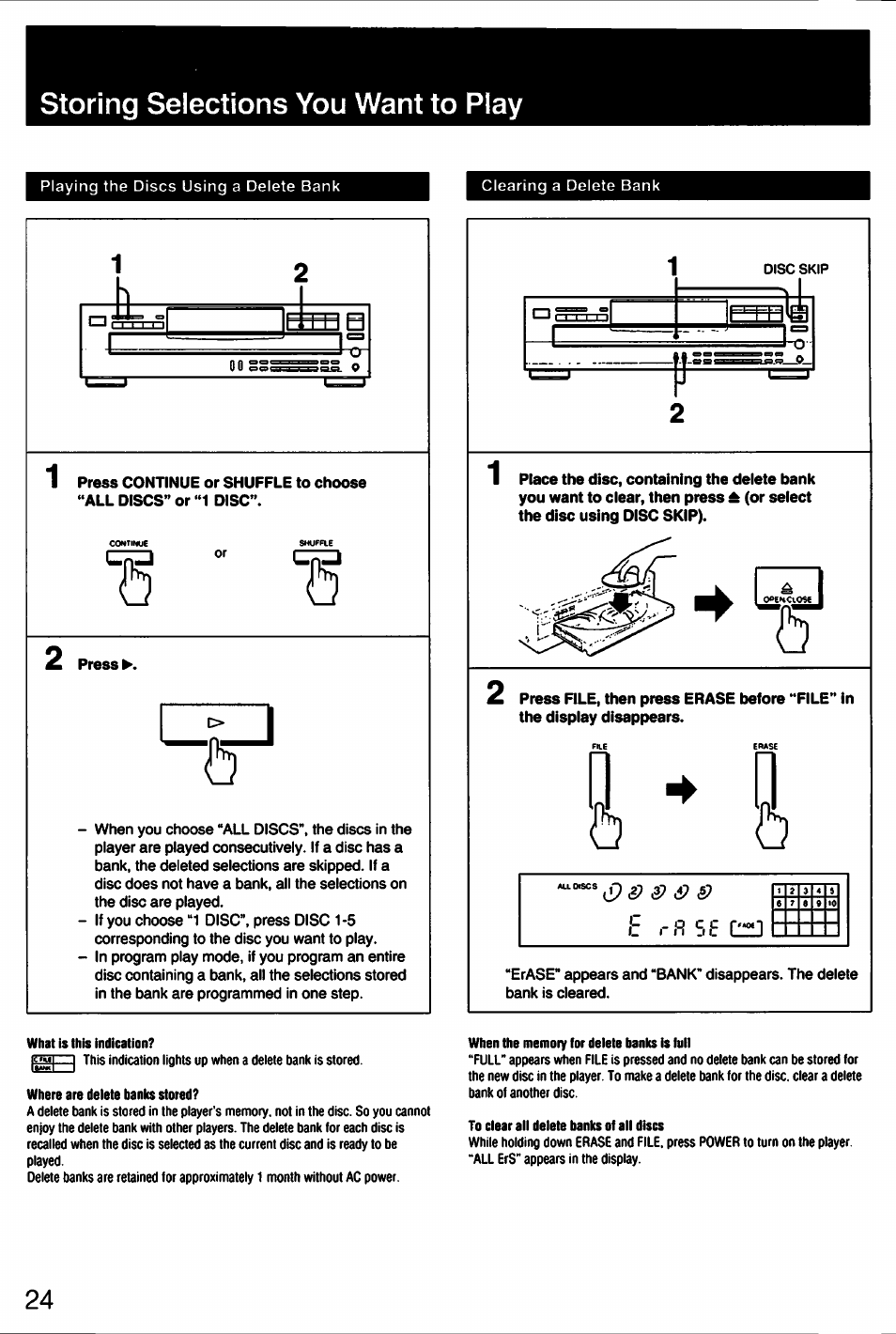 Storing selections you want to play, Storing selections you want to play - delete bank | Sony CDP-C445 User Manual | Page 24 / 26