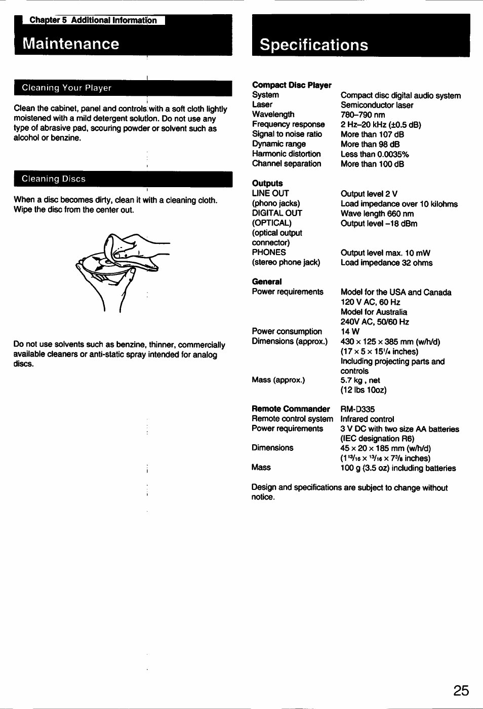 Maintenance, Specifications, Maintenance specifications | Sony CDP-C445 User Manual | Page 25 / 26