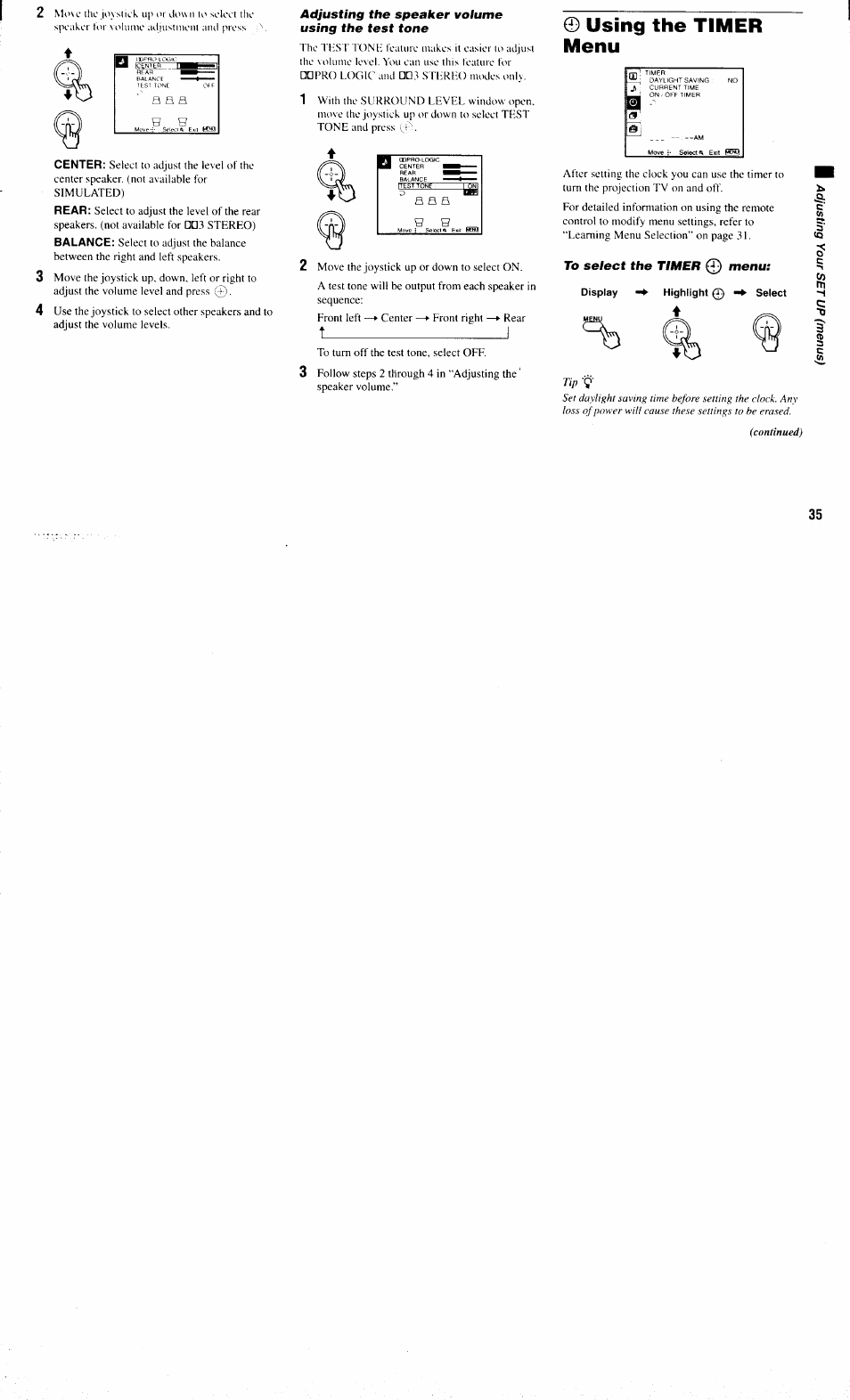 Adjusting the speaker volume using the test tone, 0 using the timer menu, To select the timer 0 menu | Display highlight 0 select, Using the timer menu, T_______________________ i, A a б | Sony KP-61XBR300 User Manual | Page 39 / 65