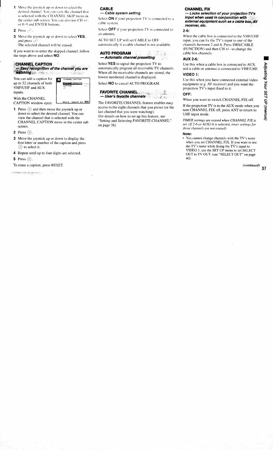 Channel caption, Cable, Auto program | Favorite channel, Channel rx, Channel | Sony KP-61XBR300 User Manual | Page 41 / 65