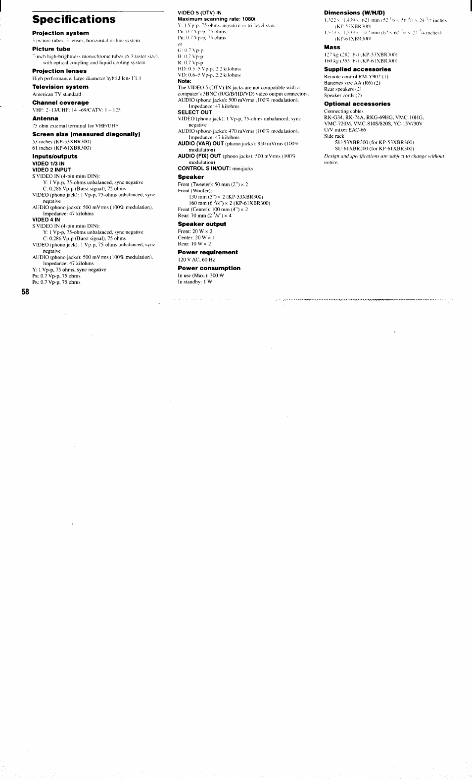 Specifications | Sony KP-61XBR300 User Manual | Page 62 / 65