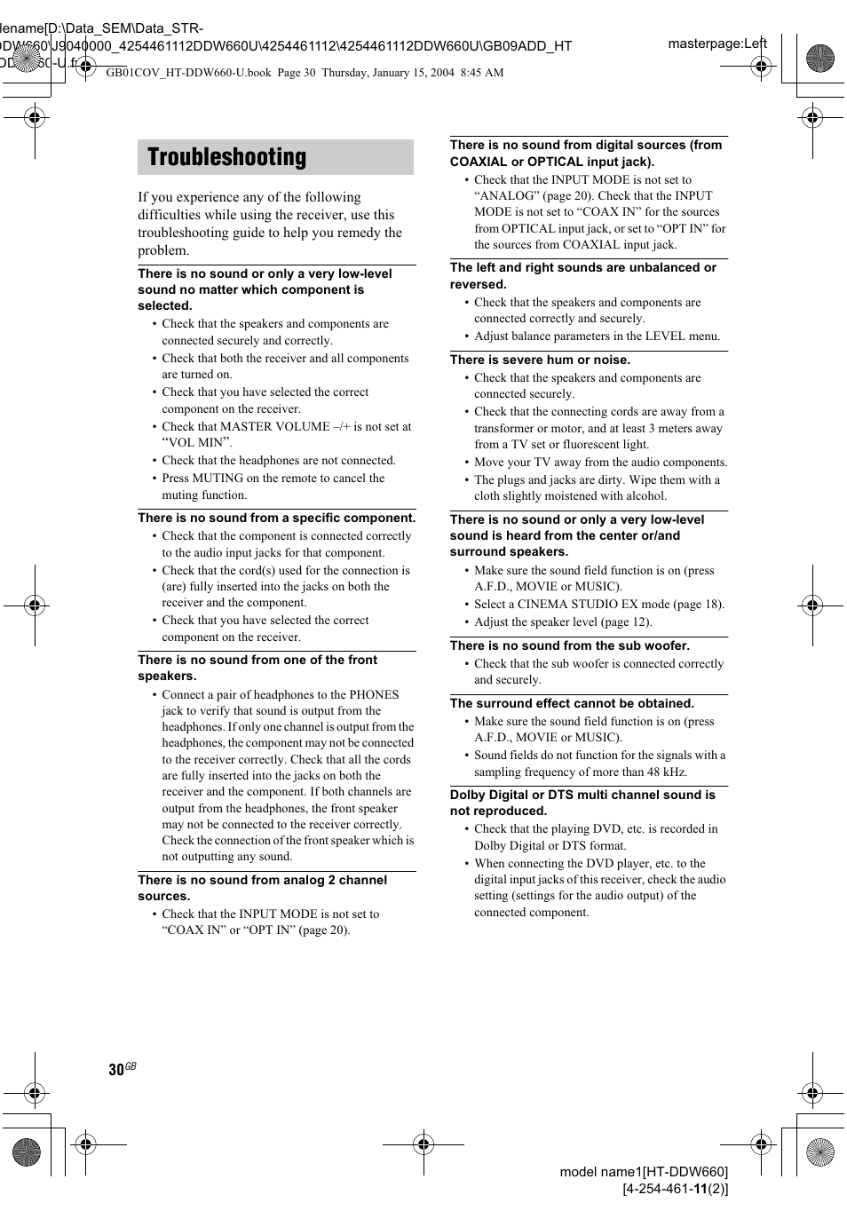 There is no sound from one of the front speakers, There is no sound from analog 2 channel sources, There is severe hum or noise | There is no sound from the sub woofer, The surround effect cannot be obtained, Troubleshooting | Sony HT-DDW660 User Manual | Page 30 / 36