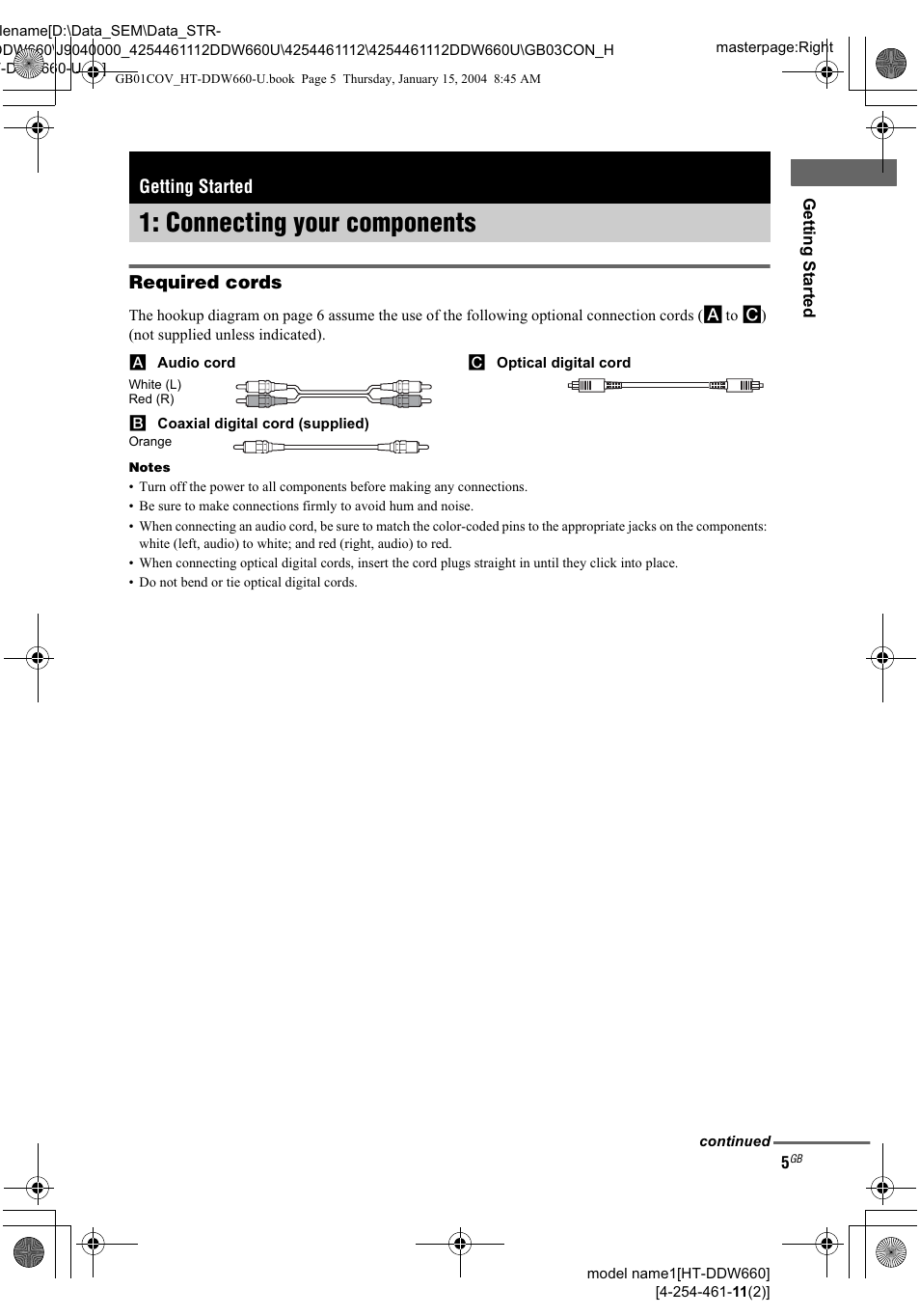 Required cords, Q optical digital cord, Getting started | Connecting your components, Sjtbbi | Sony HT-DDW660 User Manual | Page 5 / 36