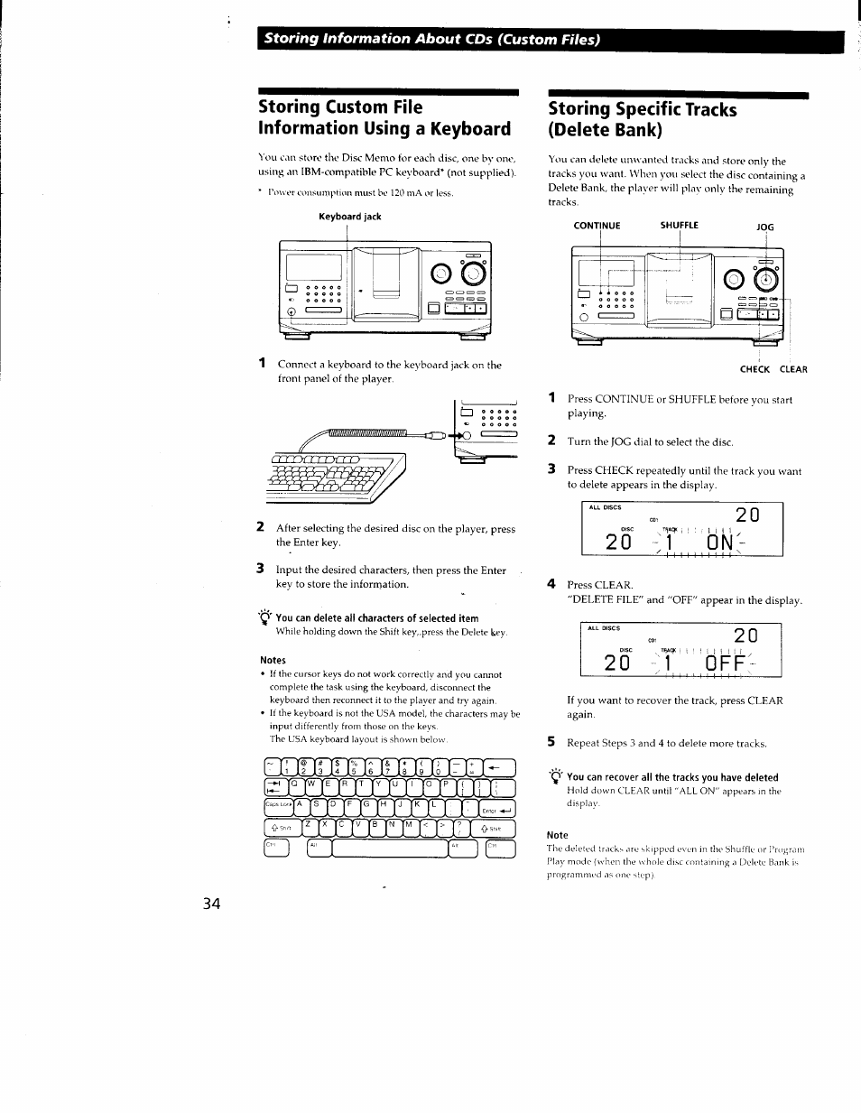 Storing custom file information using a keyboard, Storing specific tracks (delete bank), Q' you can delete all characters of selected item | Notes, Efranleazzznijb, Check clear, J' you can recover all the tracks you have deleted, Note, Limnizizedadiid, Ododhilehieonzd | Sony CDP-CX350 User Manual | Page 34 / 42