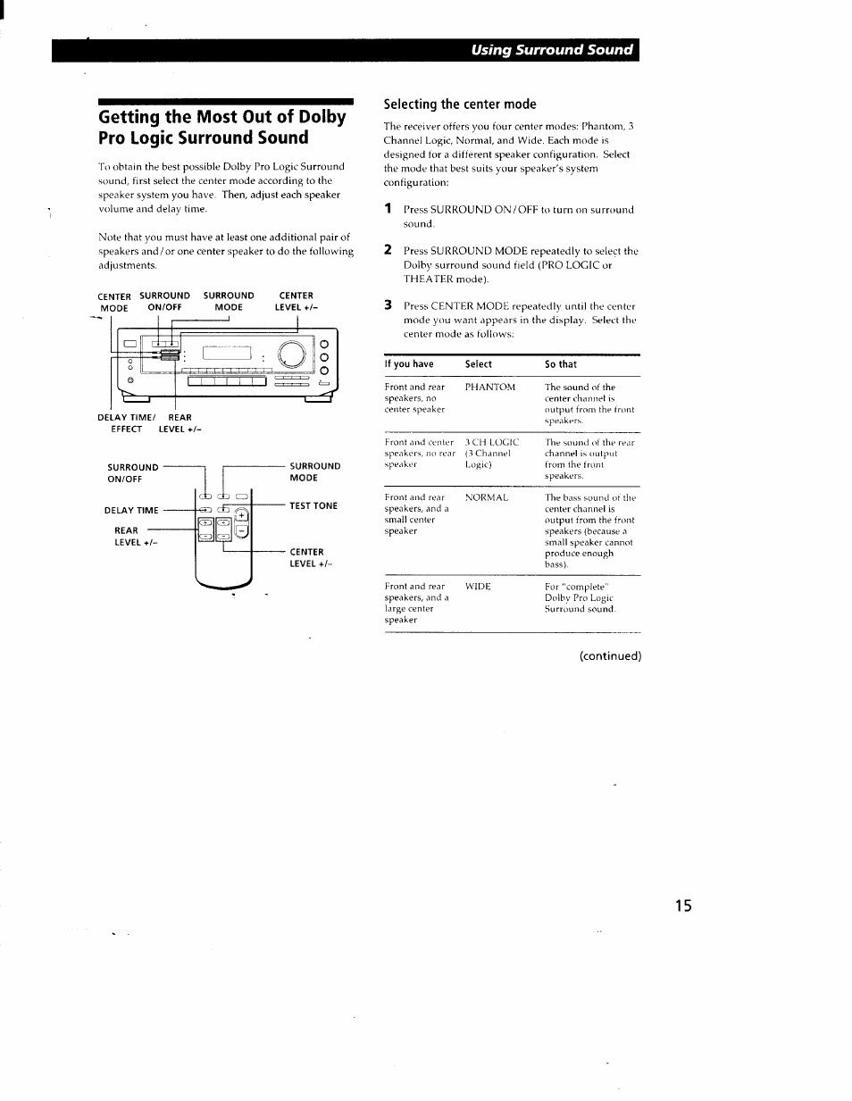 Selecting the center mode, Using surround sound | Sony STR-DE405 User Manual | Page 15 / 23