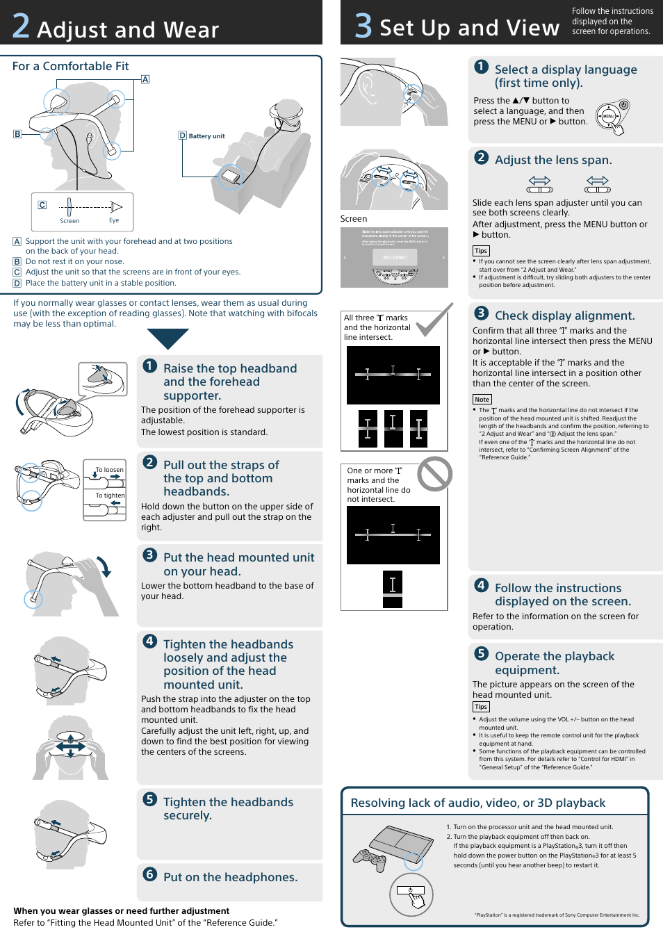 Adjust and wear, Set up and view | Sony HMZ-T3W User Manual | Page 2 / 2