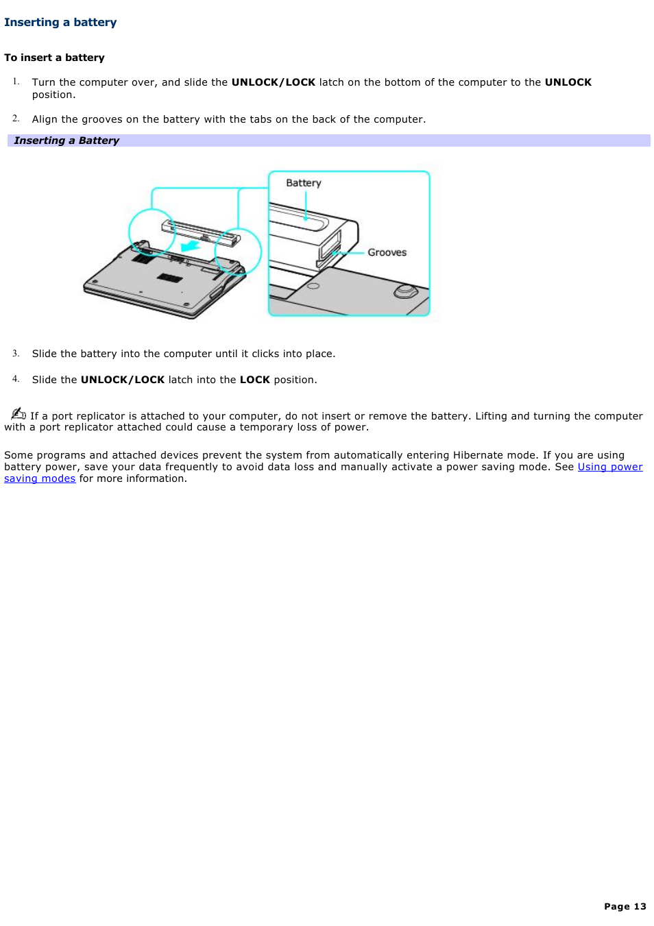 Inserting a battery | Sony PCG-Z1WAP User Manual | Page 13 / 171
