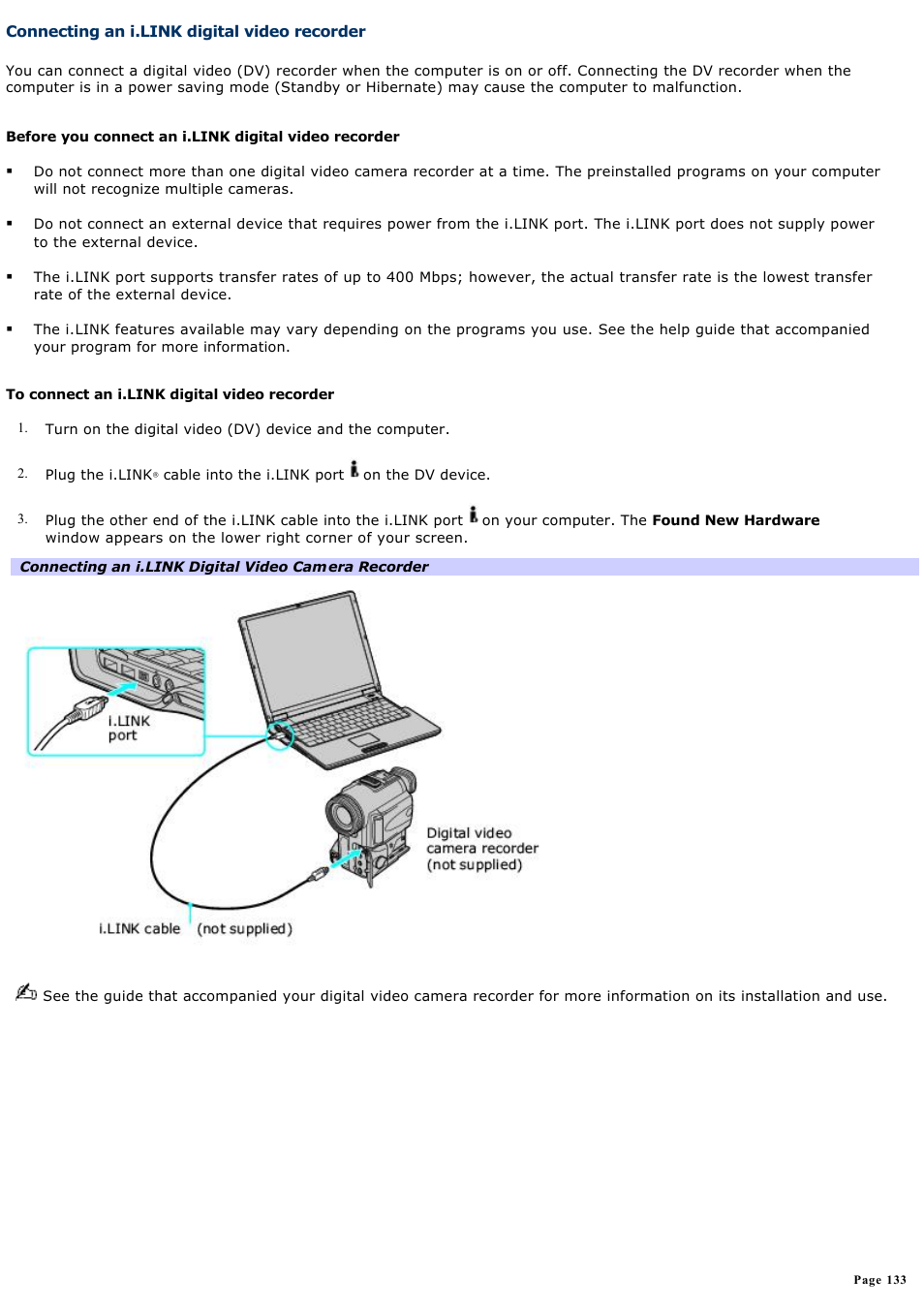 Connecting an i.link digital video recorder | Sony PCG-Z1WAP User Manual | Page 133 / 171
