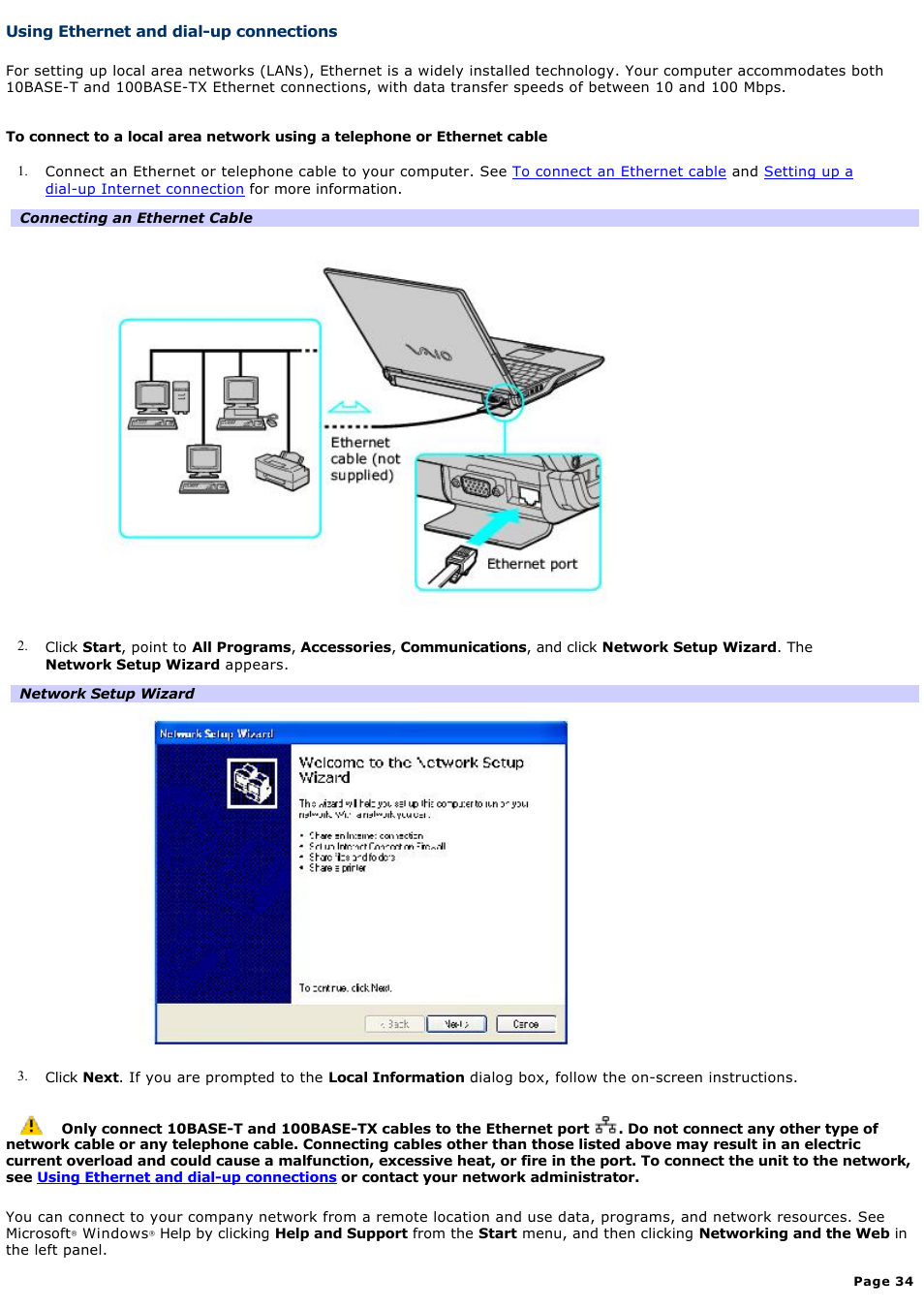 Using ethernet and dial-up connections | Sony PCG-Z1WAP User Manual | Page 34 / 171