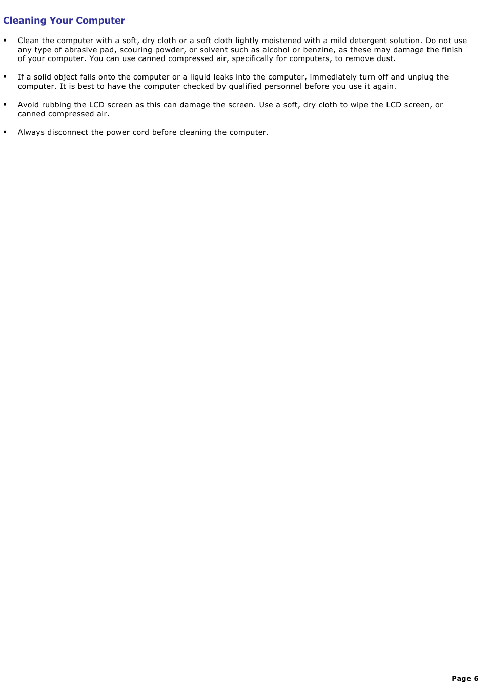 Cleaning your computer | Sony PCG-Z1WAP User Manual | Page 6 / 171