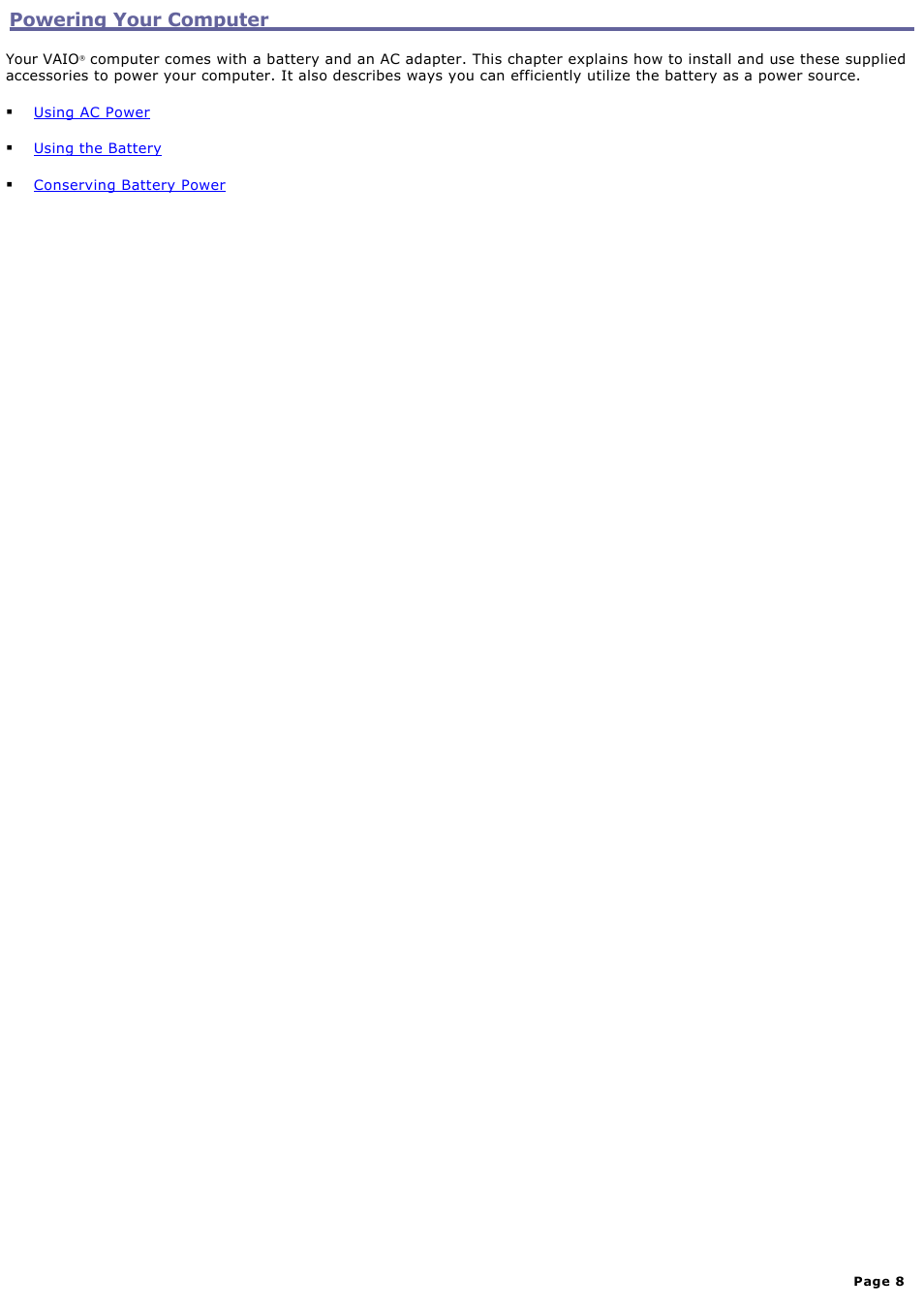 Powering your computer | Sony PCG-Z1WAP User Manual | Page 8 / 171