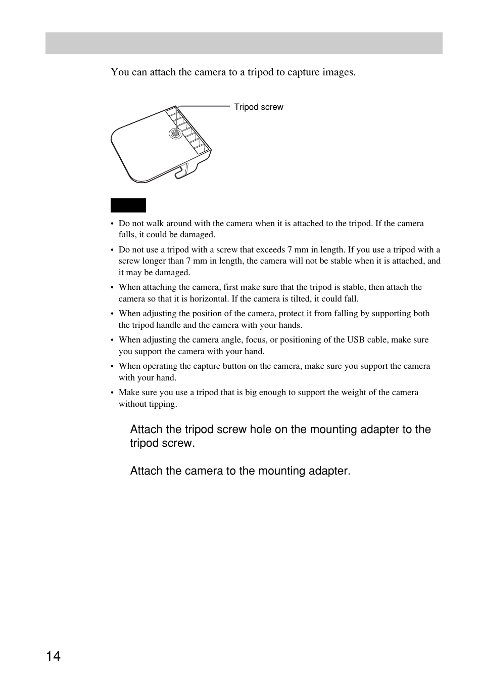 Attaching the camera to a tripod, Disconnecting the camera | Sony PCGA-UVC10 User Manual | Page 14 / 24