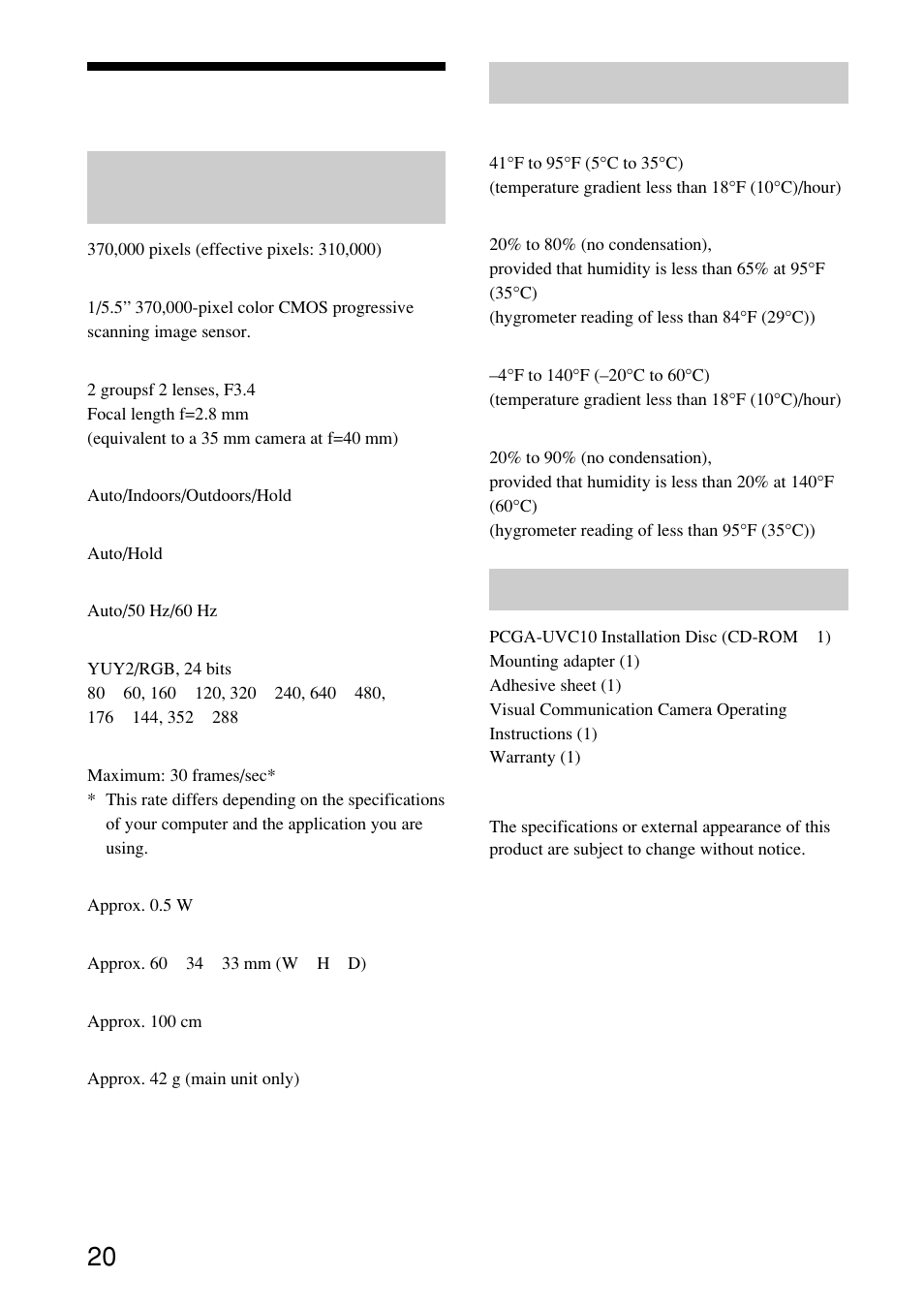 Specifications, Visual communication camera, Operating environment | Accessories | Sony PCGA-UVC10 User Manual | Page 20 / 24