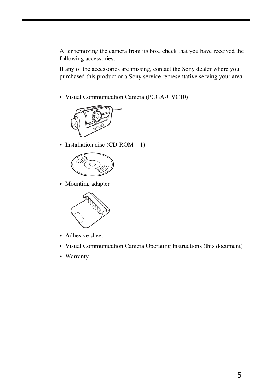 Checking the accessories, Names of parts, Setting up the camera | Sony PCGA-UVC10 User Manual | Page 5 / 24