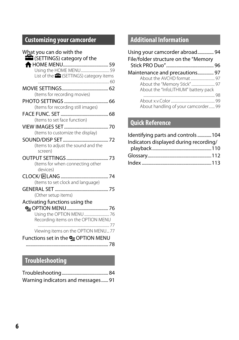 6customizing your camcorder, Troubleshooting, Additional information | Quick reference | Sony HDR-CX12 User Manual | Page 6 / 116