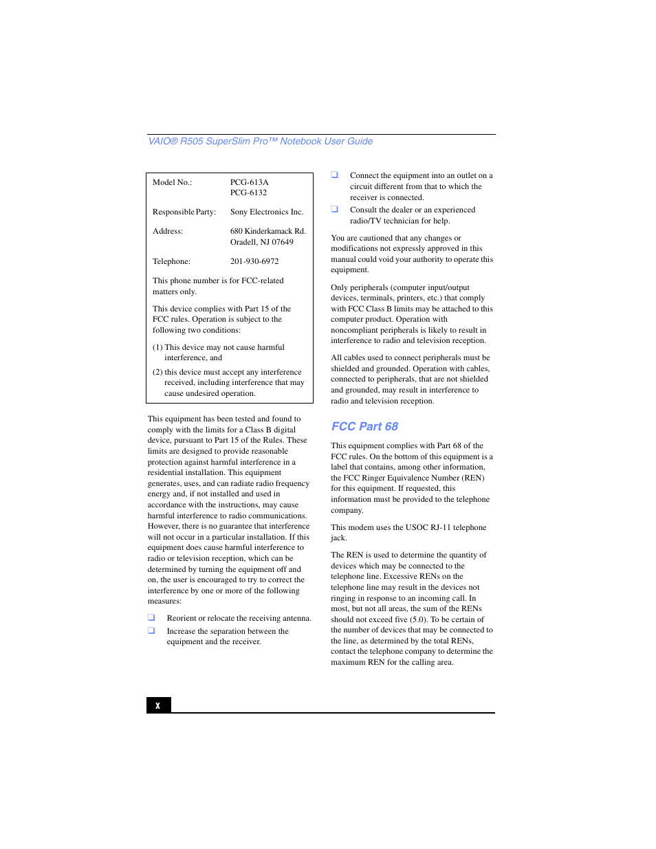 Fcc part 68 | Sony PCG-R505TL User Manual | Page 10 / 146