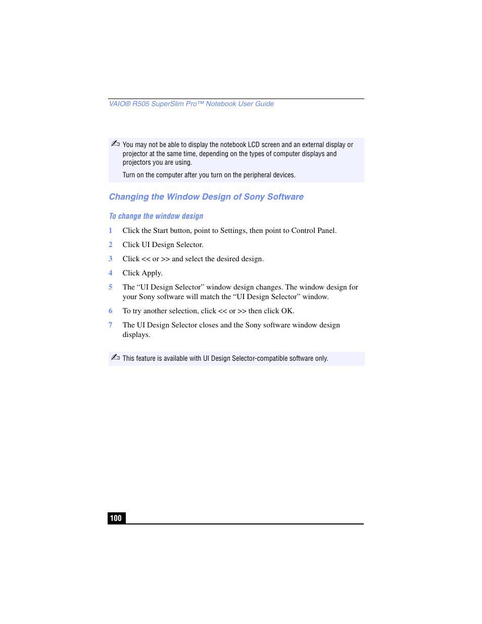 Changing the window design of sony software | Sony PCG-R505TL User Manual | Page 100 / 146