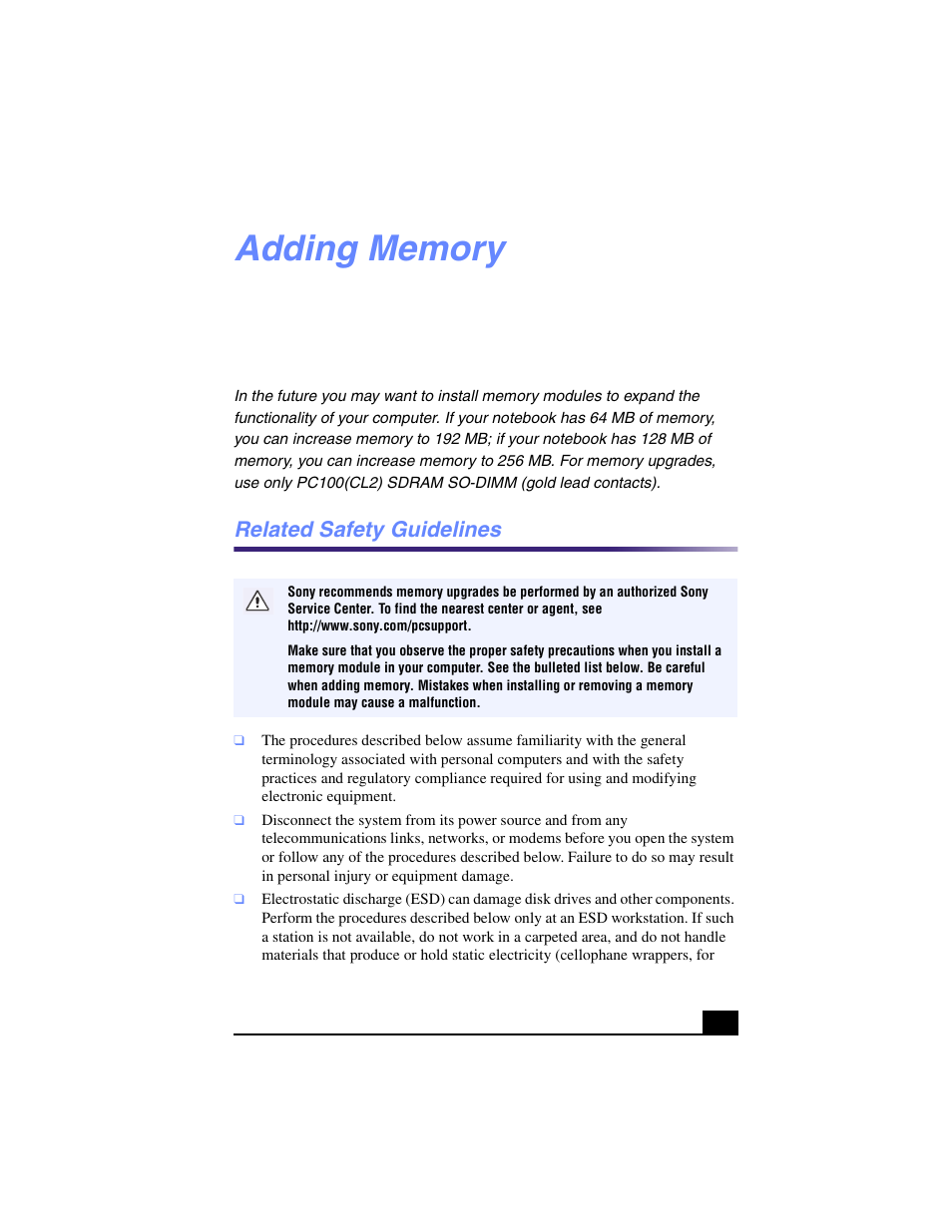 Adding memory, Related safety guidelines | Sony PCG-R505TL User Manual | Page 101 / 146