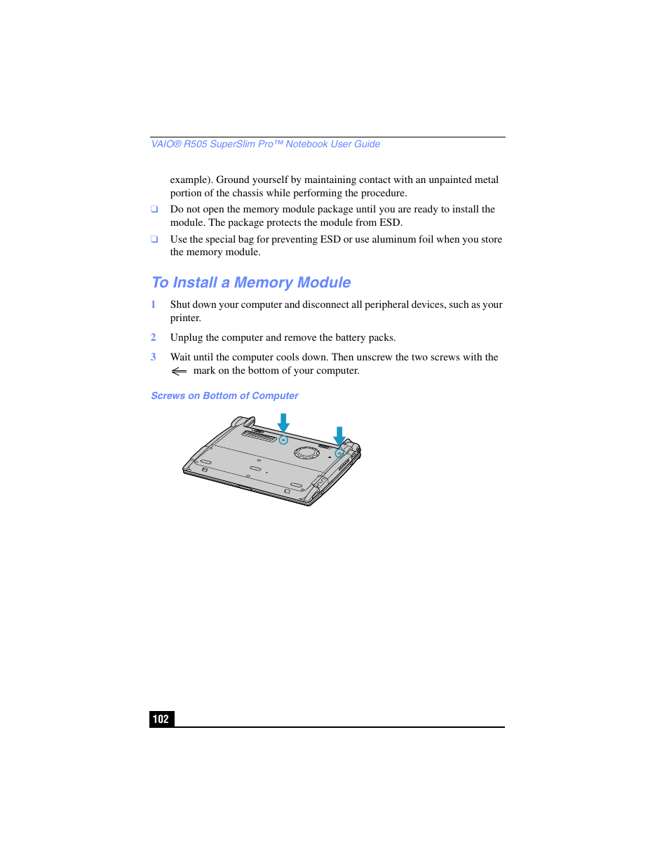 To install a memory module | Sony PCG-R505TL User Manual | Page 102 / 146