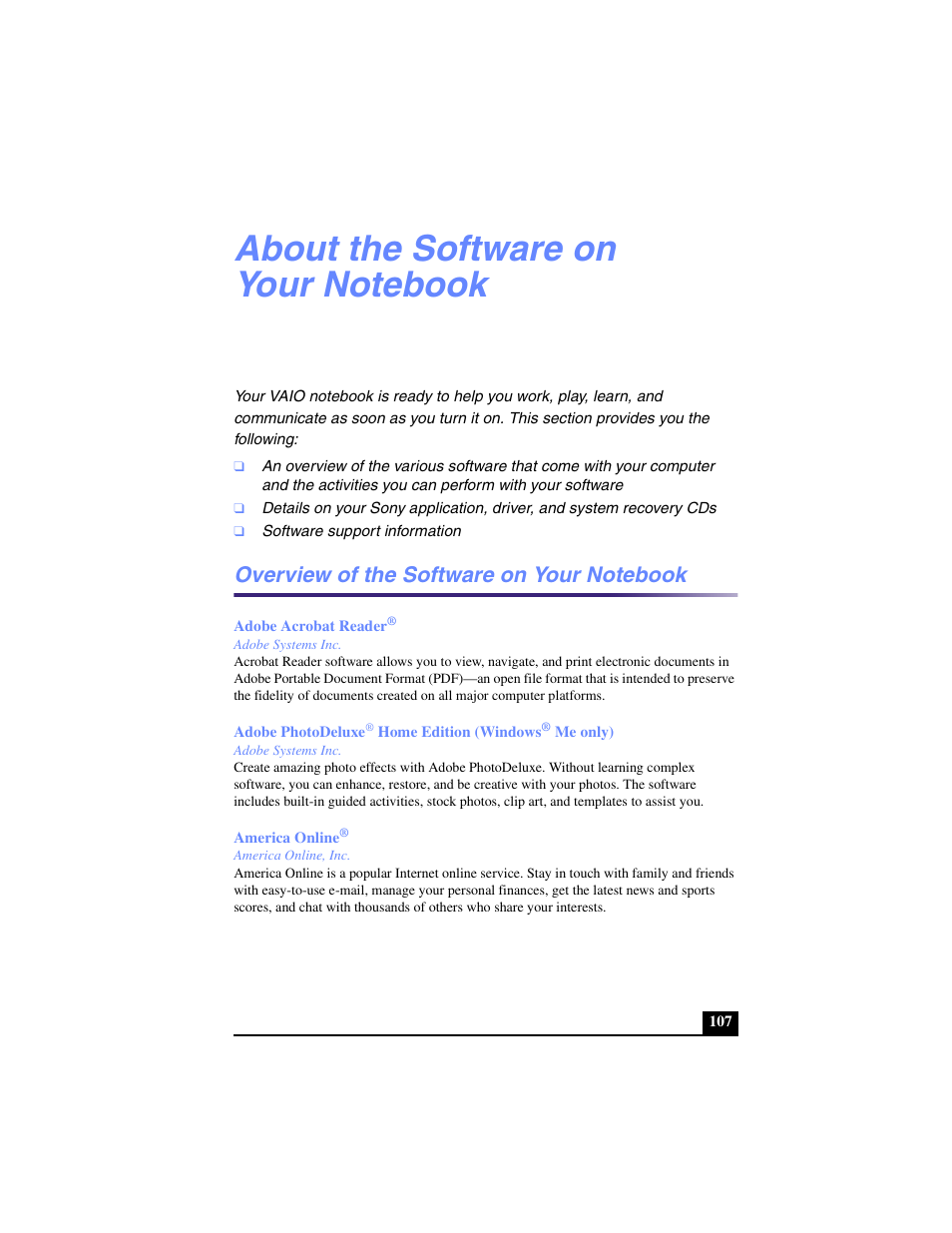 About the software on your notebook, Overview of the software on your notebook | Sony PCG-R505TL User Manual | Page 107 / 146