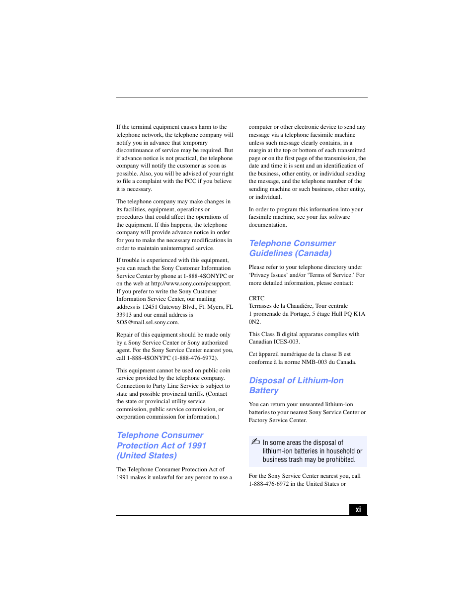 Telephone consumer guidelines (canada), Disposal of lithium-ion battery | Sony PCG-R505TL User Manual | Page 11 / 146