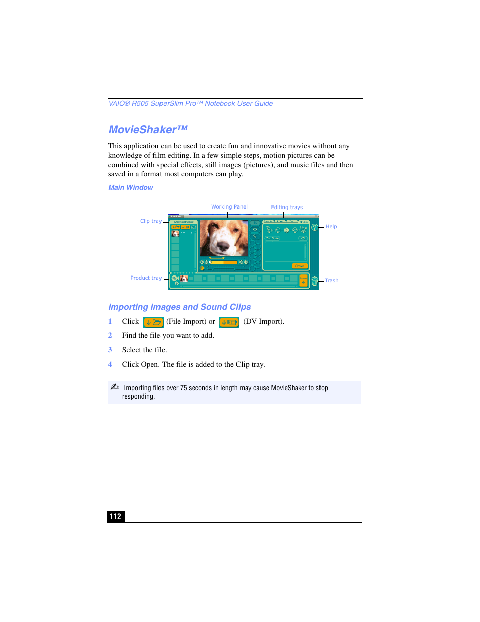 Movieshaker, Importing images and sound clips | Sony PCG-R505TL User Manual | Page 112 / 146