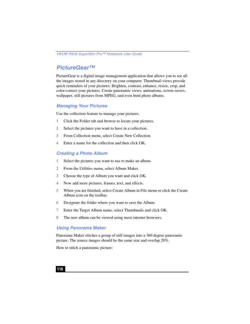 Picturegear, Managing your pictures, Creating a photo album | Using panorama maker | Sony PCG-R505TL User Manual | Page 116 / 146
