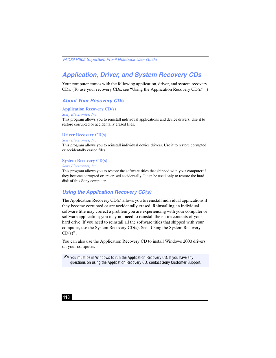 Application, driver, and system recovery cds, About your recovery cds, Using the application recovery cd(s) | Sony PCG-R505TL User Manual | Page 118 / 146
