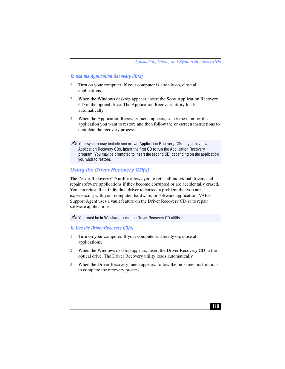 Using the driver recovery cd(s) | Sony PCG-R505TL User Manual | Page 119 / 146