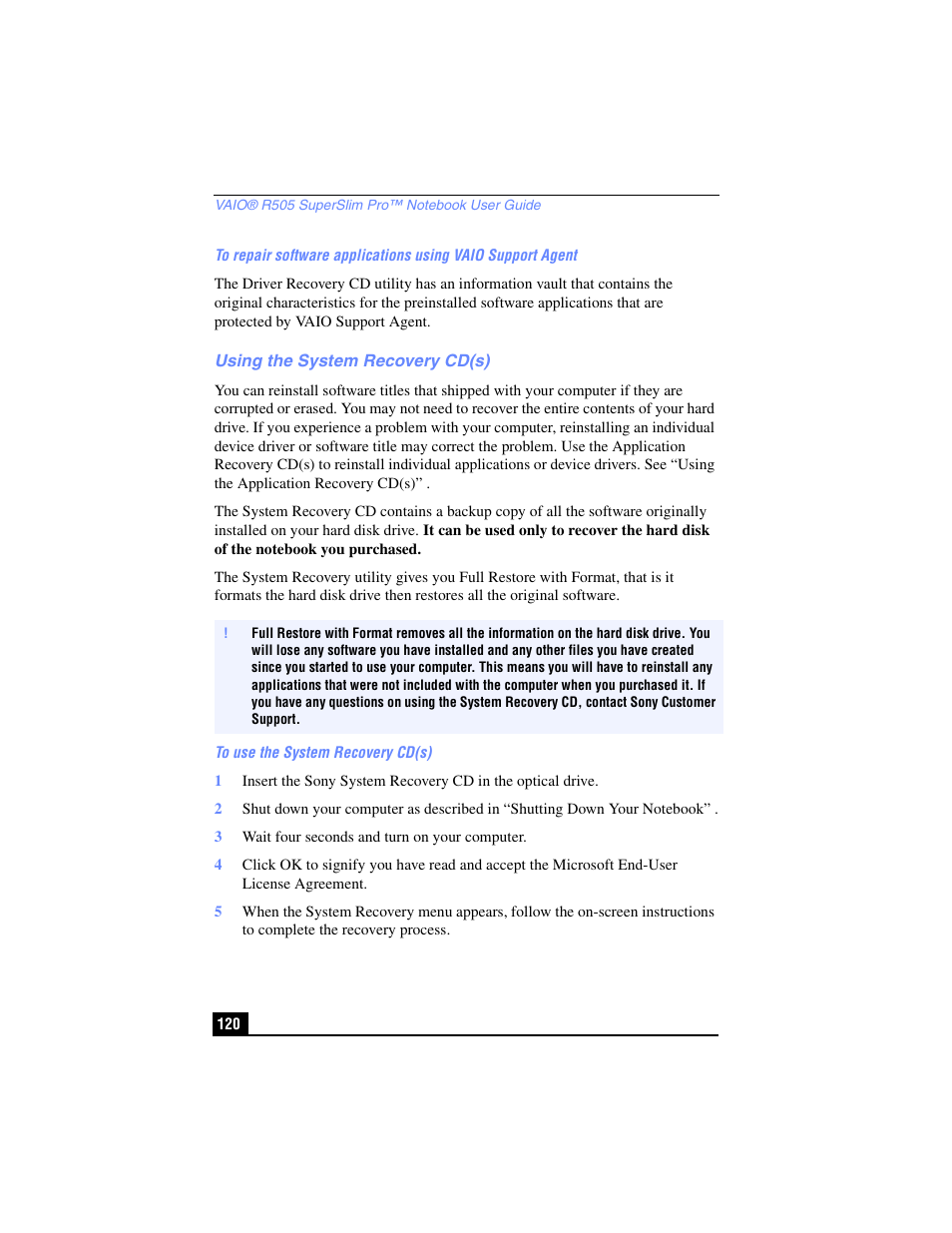 Using the system recovery cd(s) | Sony PCG-R505TL User Manual | Page 120 / 146