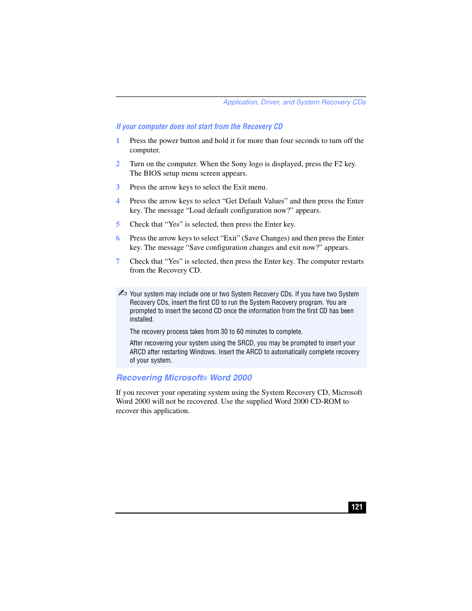 Recovering microsoft® word 2000 | Sony PCG-R505TL User Manual | Page 121 / 146
