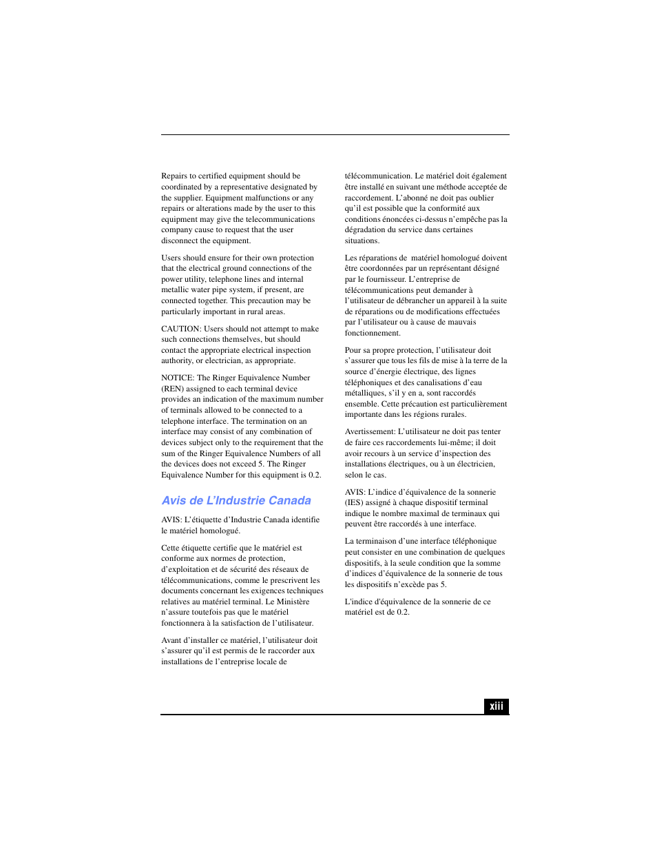 Avis de l’industrie canada | Sony PCG-R505TL User Manual | Page 13 / 146