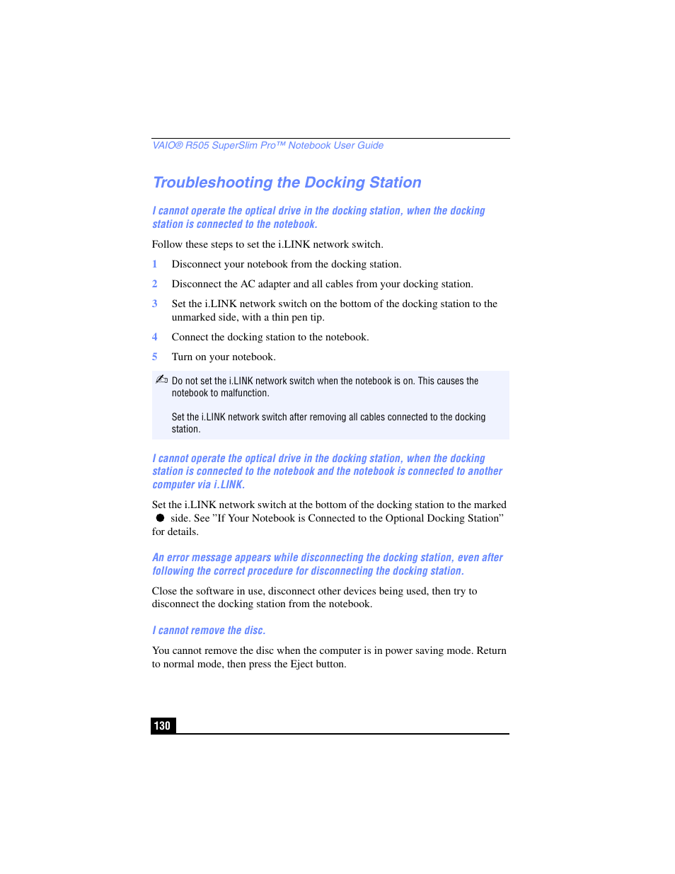 Troubleshooting the docking station | Sony PCG-R505TL User Manual | Page 130 / 146