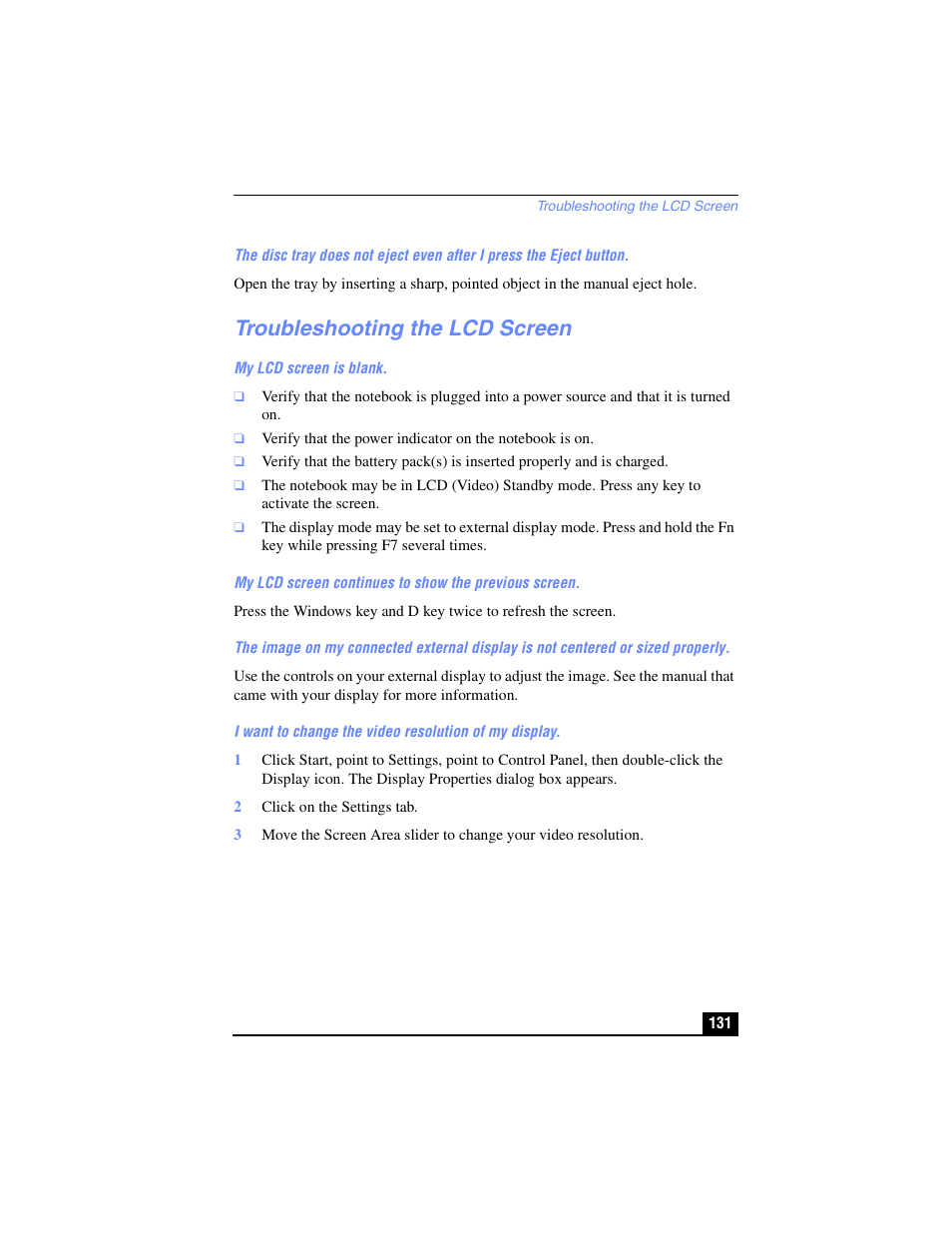 Troubleshooting the lcd screen | Sony PCG-R505TL User Manual | Page 131 / 146