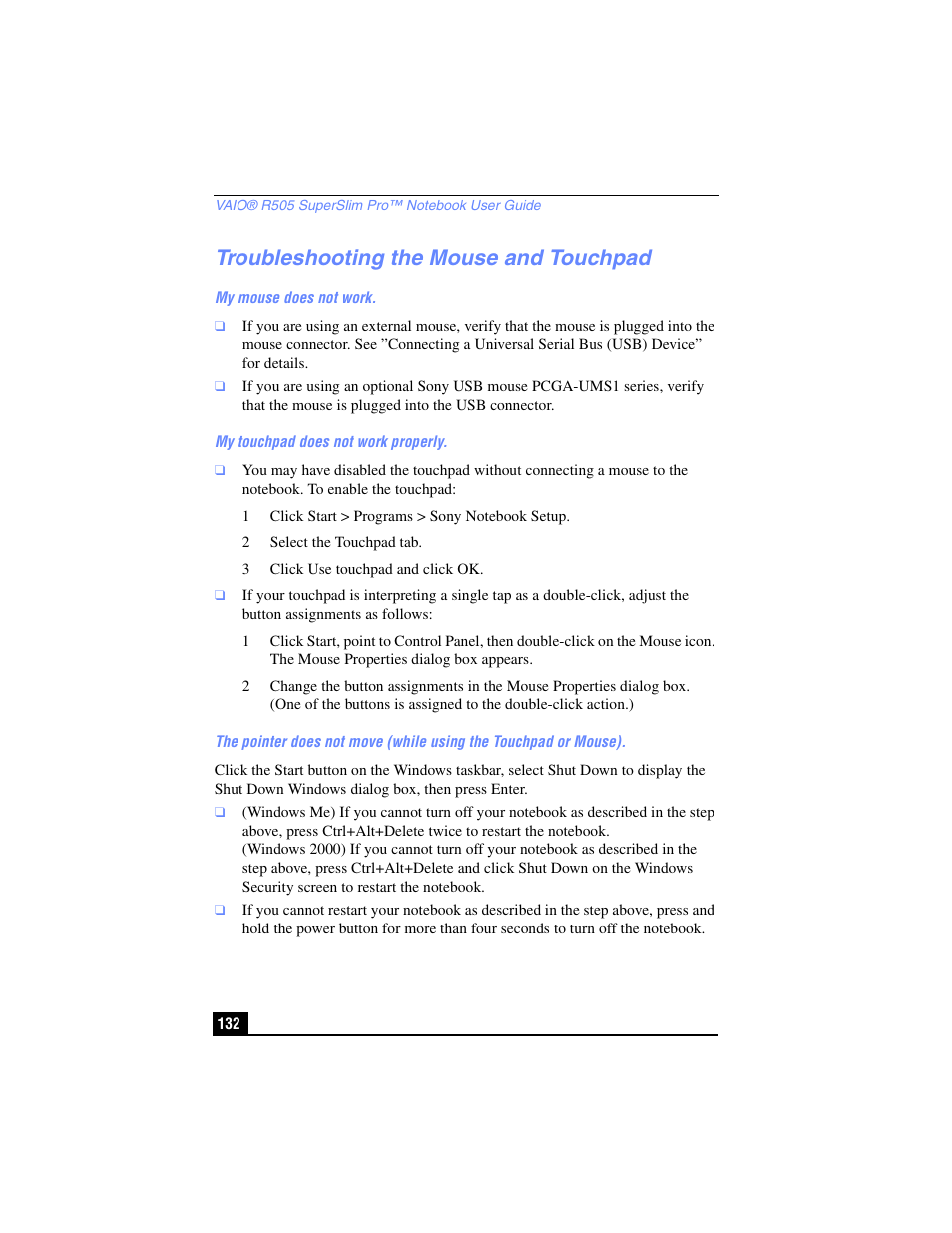Troubleshooting the mouse and touchpad | Sony PCG-R505TL User Manual | Page 132 / 146