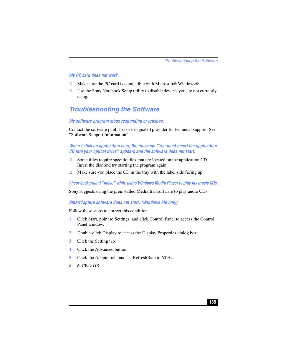 Troubleshooting the software | Sony PCG-R505TL User Manual | Page 135 / 146