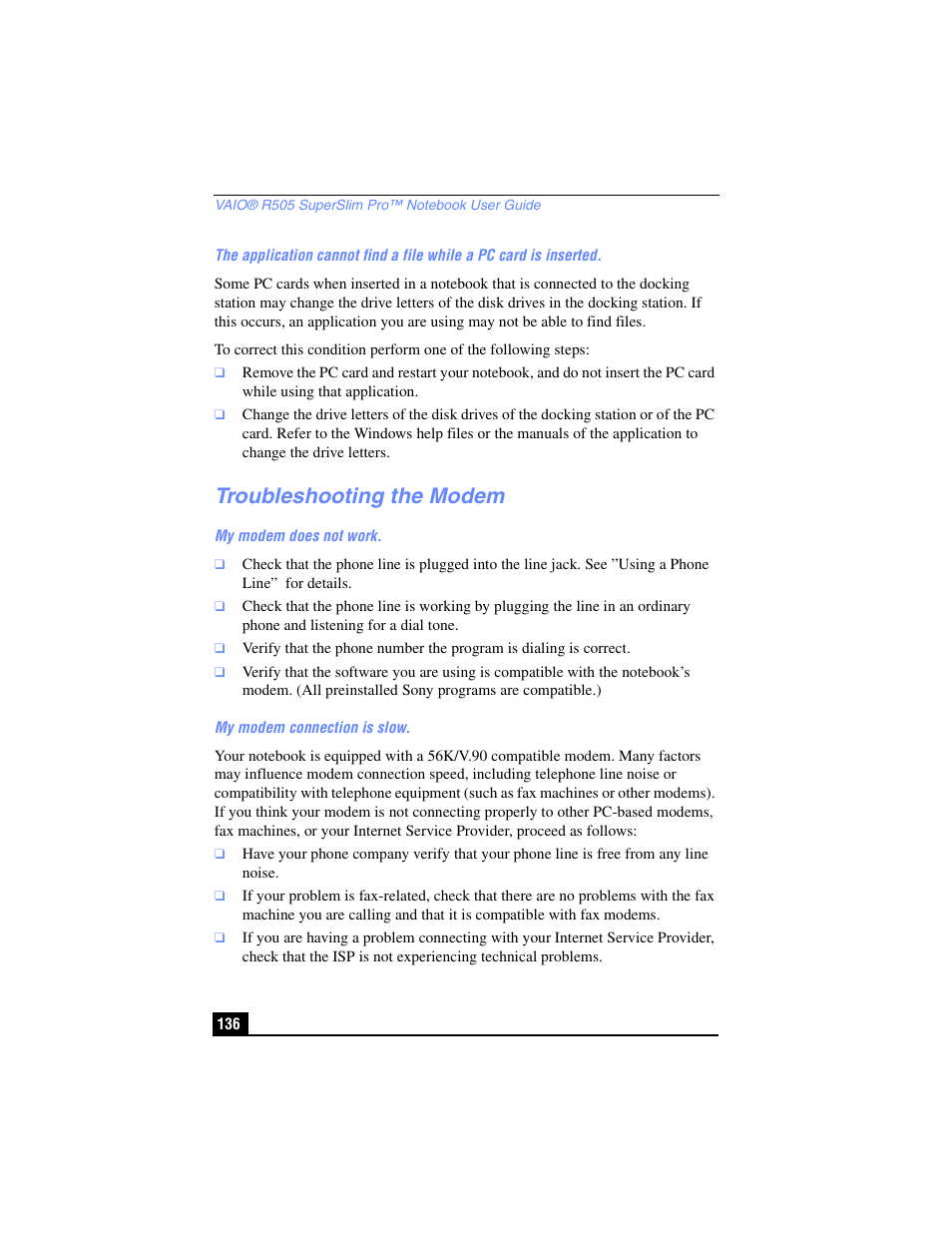 Troubleshooting the modem | Sony PCG-R505TL User Manual | Page 136 / 146