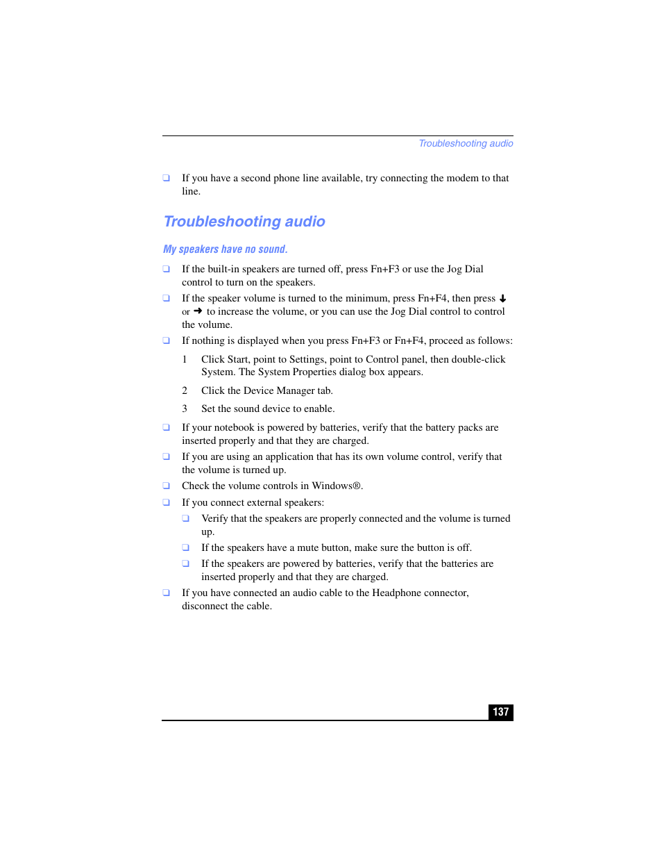 Troubleshooting audio | Sony PCG-R505TL User Manual | Page 137 / 146