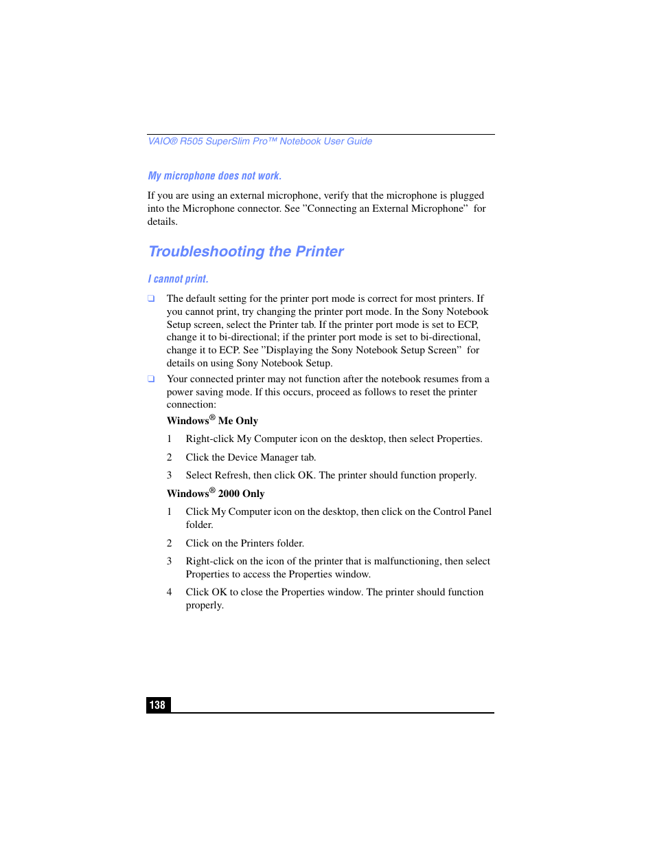 Troubleshooting the printer | Sony PCG-R505TL User Manual | Page 138 / 146
