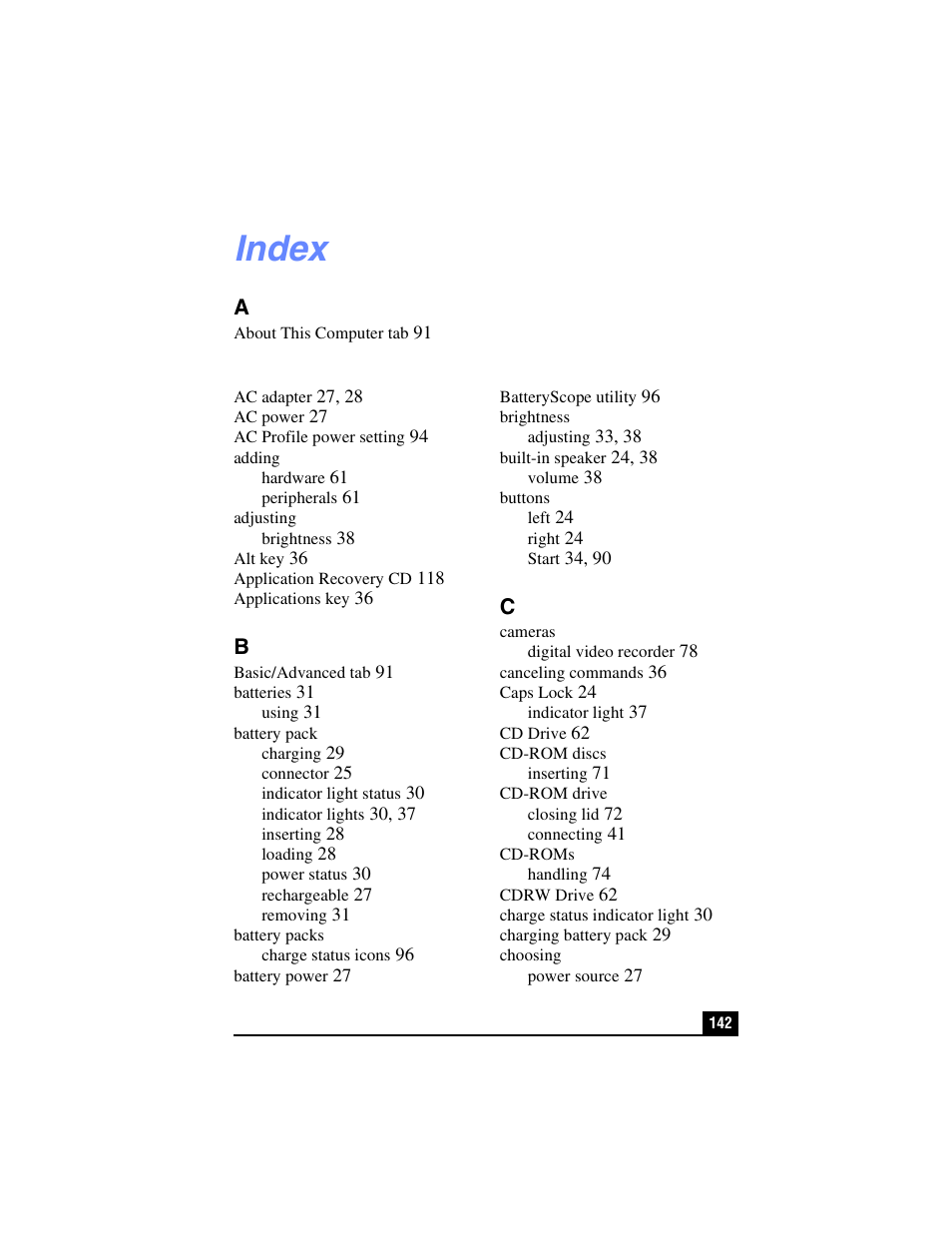 Index | Sony PCG-R505TL User Manual | Page 141 / 146