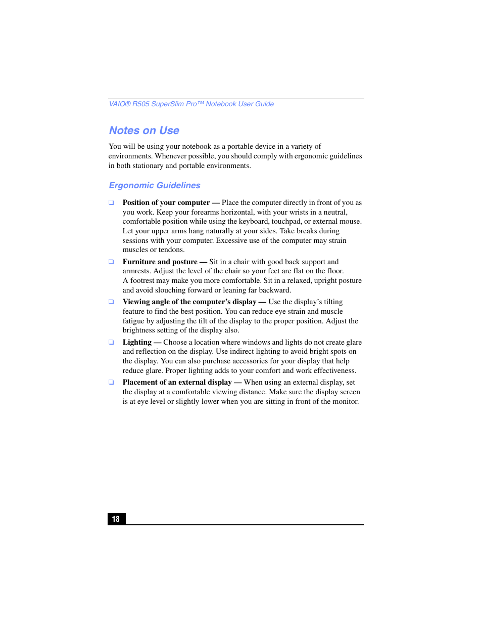 Notes on use, Ergonomic guidelines | Sony PCG-R505TL User Manual | Page 18 / 146