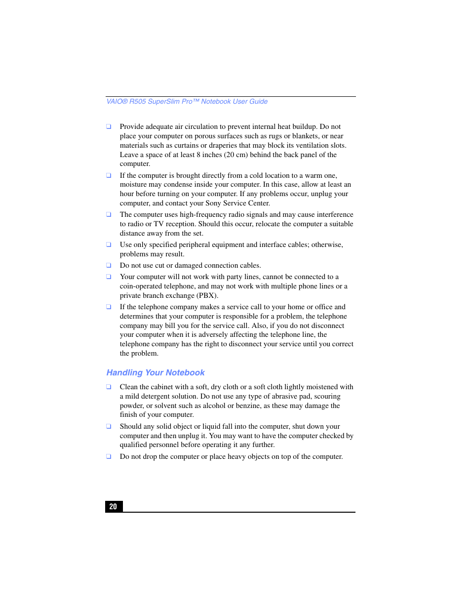 Handling your notebook | Sony PCG-R505TL User Manual | Page 20 / 146